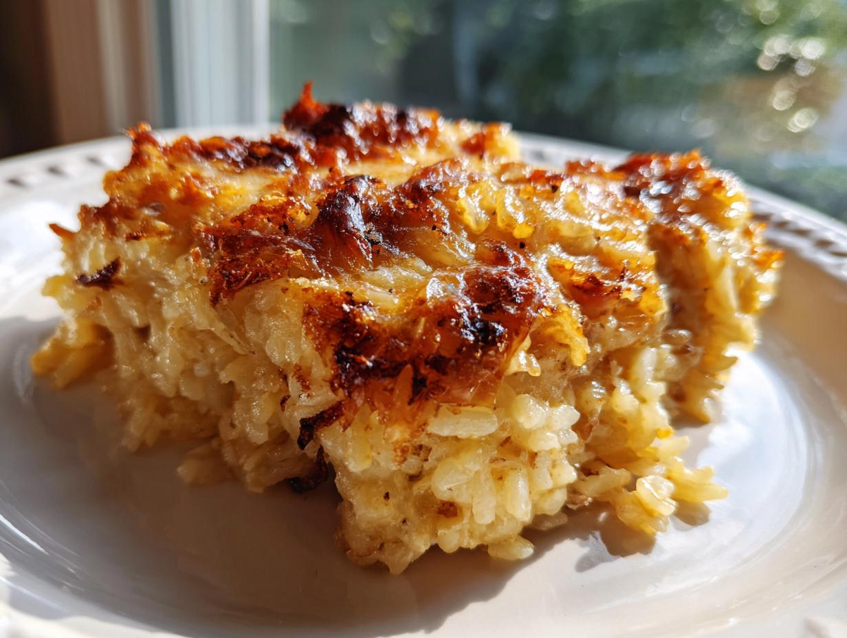 A close-up serving of baked French Onion Butter Rice showing creamy rice grains and a deeply browned, crispy topping.