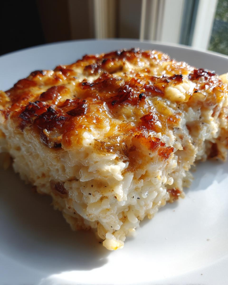 Close-up of a serving of creamy French onion butter rice with a deeply caramelized, cheesy top.