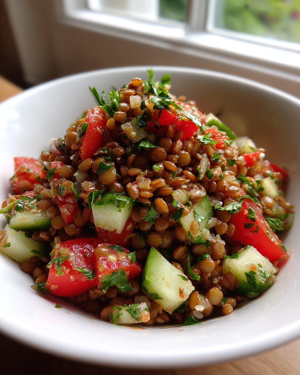 A close-up, vibrant shot of a healthy lentil salad mixed with chopped tomatoes, cucumbers, and herbs in a white bowl.