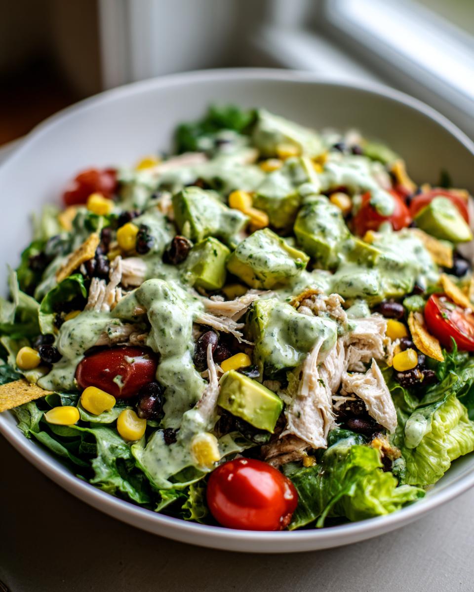 A vibrant bowl of southwest salad featuring shredded chicken, avocado, black beans, corn, tomatoes, and creamy green dressing.