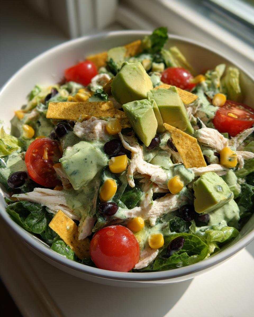 A vibrant bowl of southwest salad featuring shredded chicken, avocado chunks, black beans, corn, and creamy green dressing.