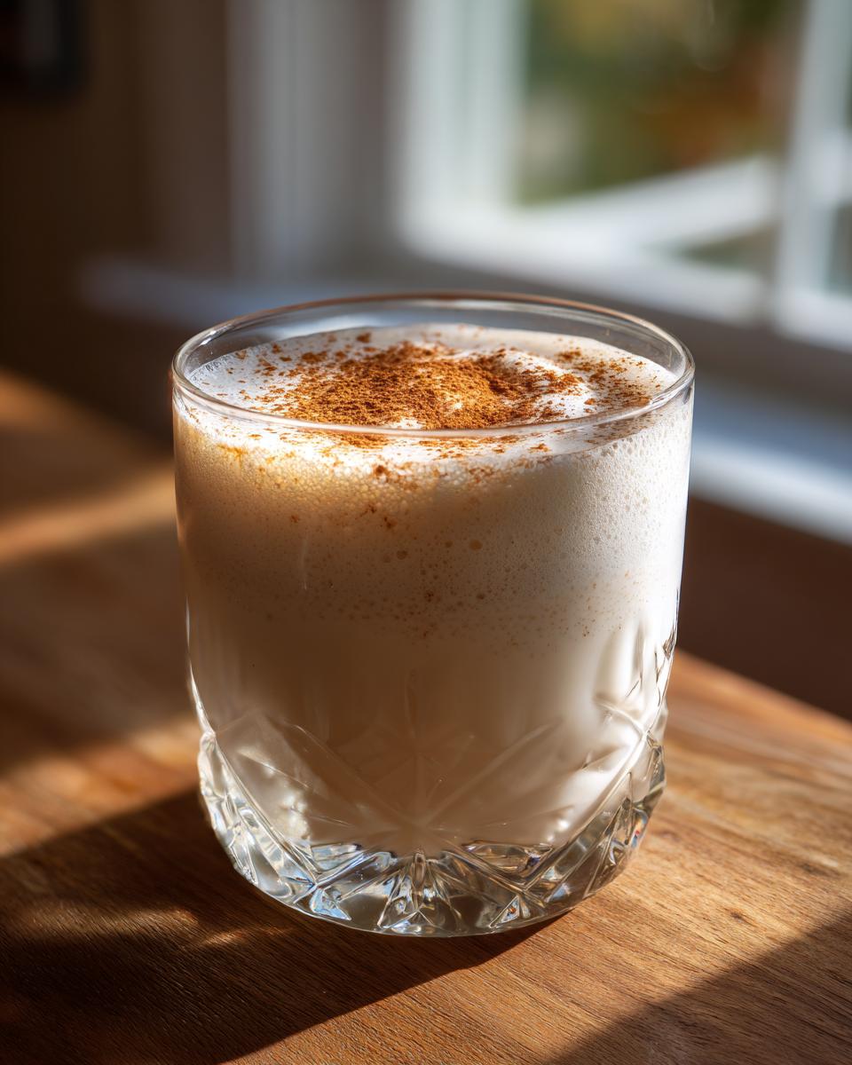 A glass of creamy, frothy coquito topped generously with ground cinnamon, sitting on a wooden surface.
