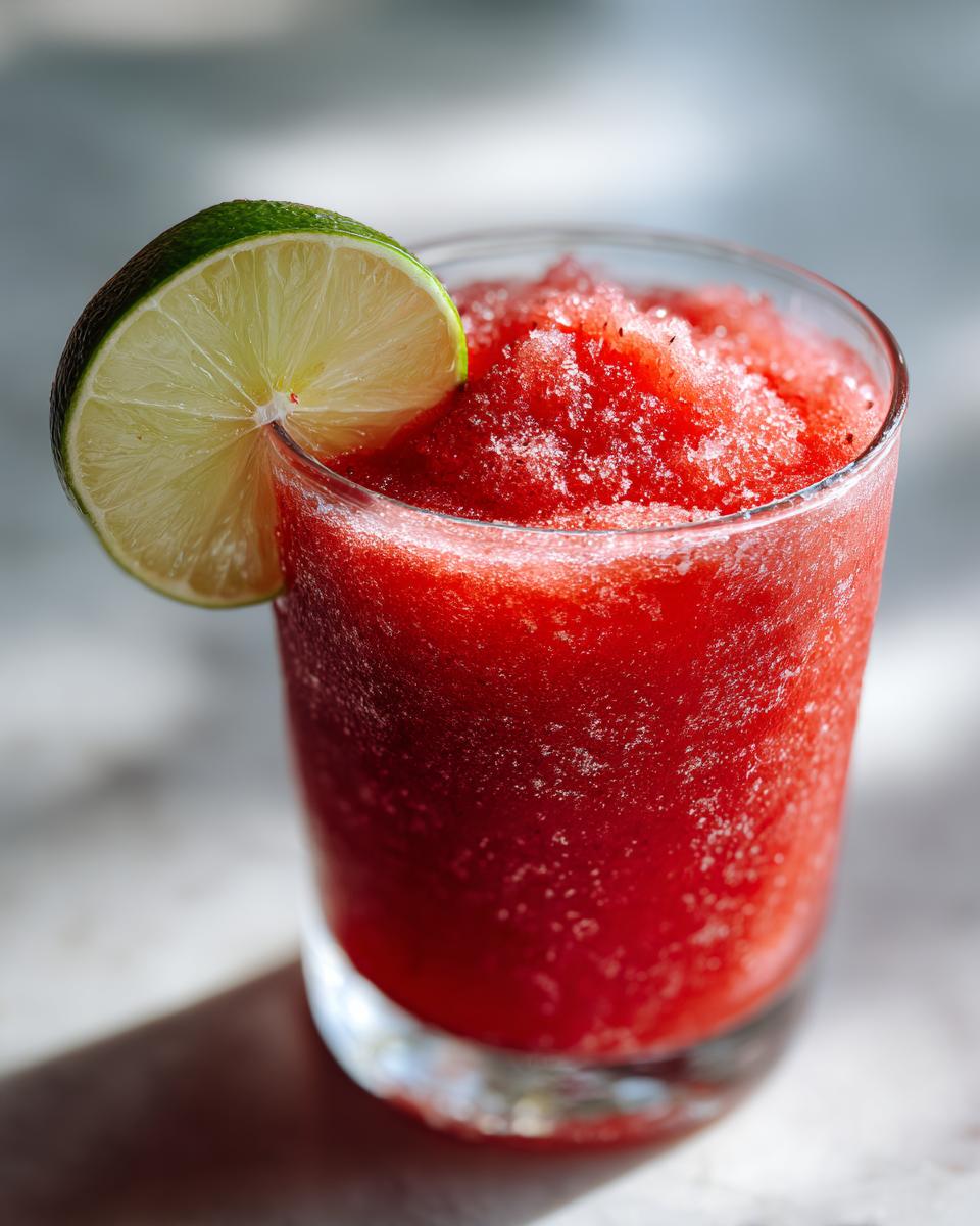 Close-up of a bright red, icy strawberry daiquiri garnished with a fresh lime wheel.