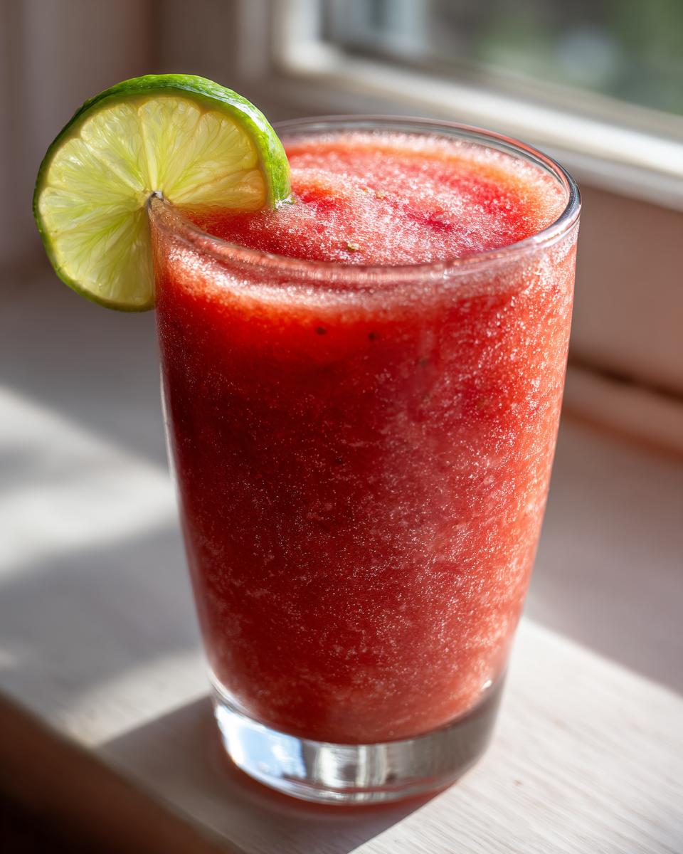 Close-up of a tall glass filled with a bright red, icy strawberry daiquiri, garnished with a fresh lime wheel.