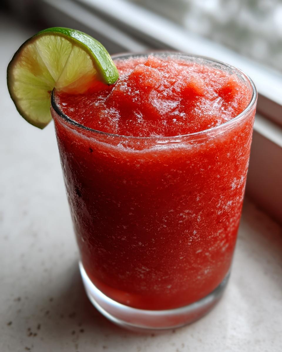 Close-up of a vibrant, frozen strawberry daiquiri garnished with a fresh lime wheel.