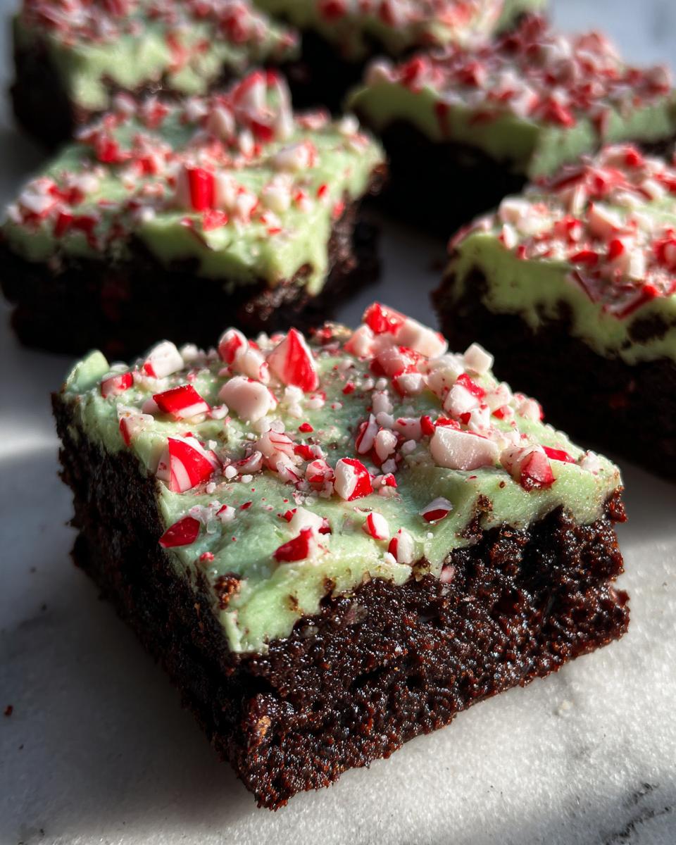 Close-up of a fudgy peppermint brownie square topped with light green mint frosting and crushed candy canes.