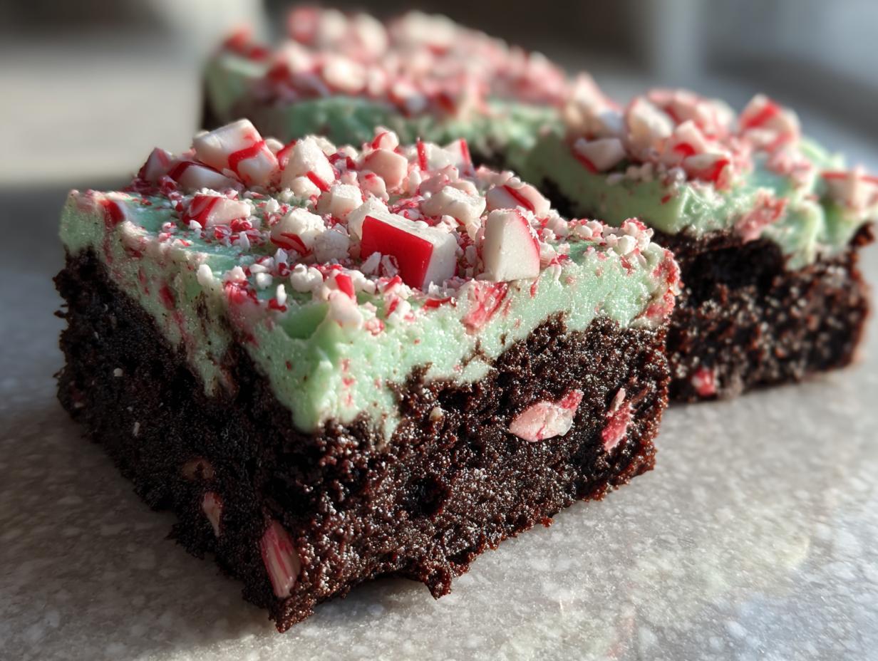 A close-up of a fudgy peppermint brownie slice topped with light green frosting and crushed candy canes.