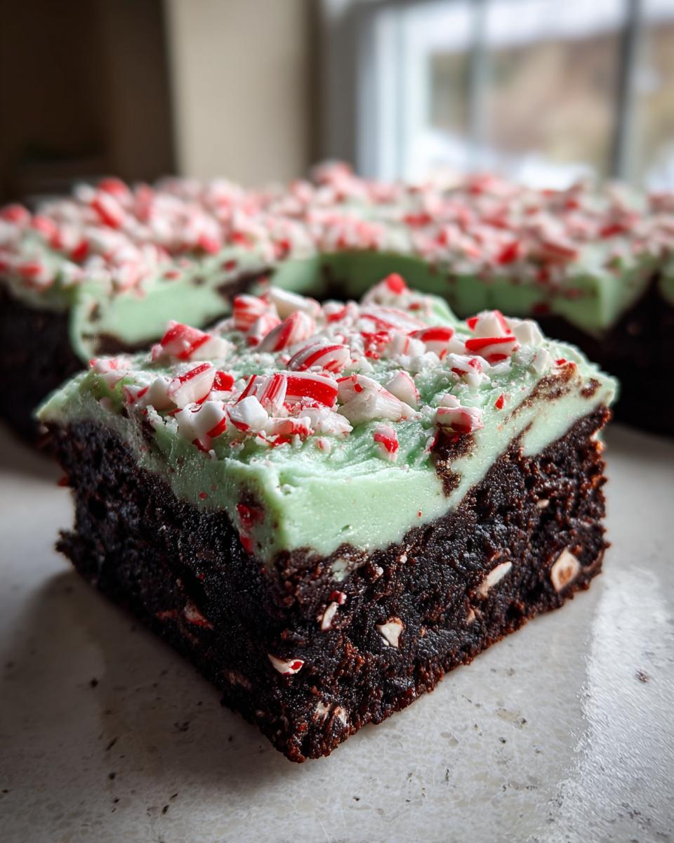 Close-up of a fudgy peppermint brownie square topped with light green mint frosting and crushed candy canes.