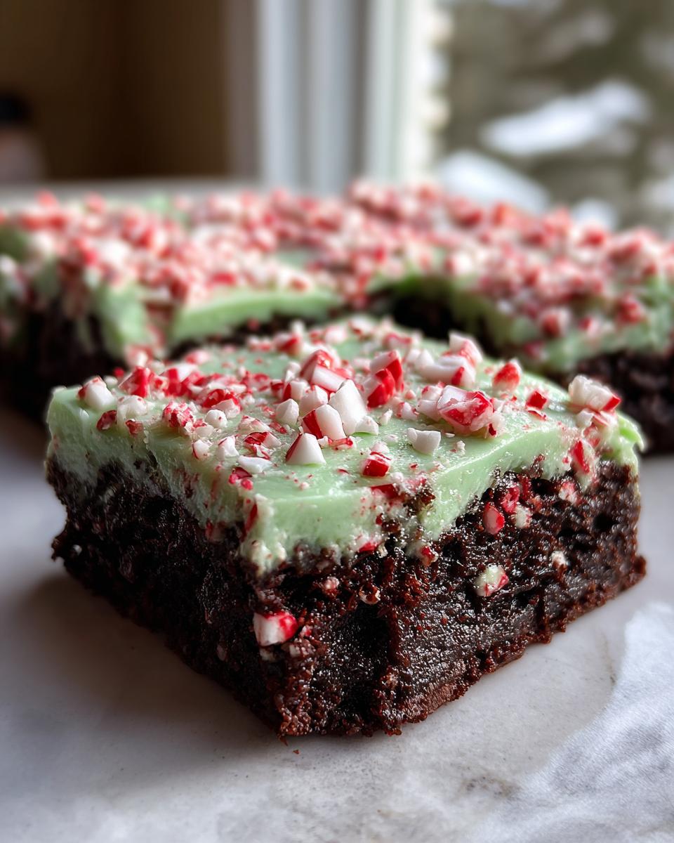 A close-up of a fudgy peppermint brownie square topped with light green mint frosting and crushed candy canes.