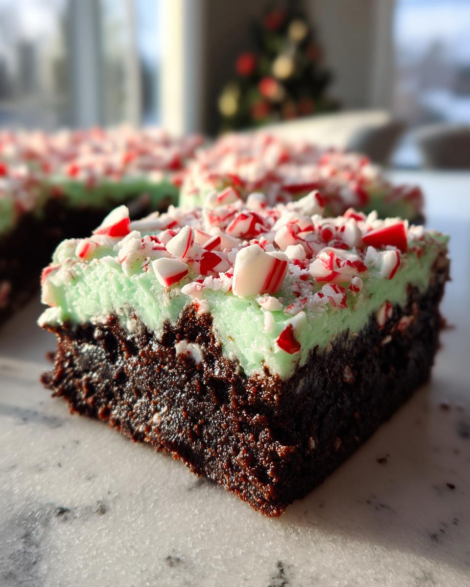 Close-up of a fudgy peppermint brownies square topped with bright green mint frosting and crushed candy canes.