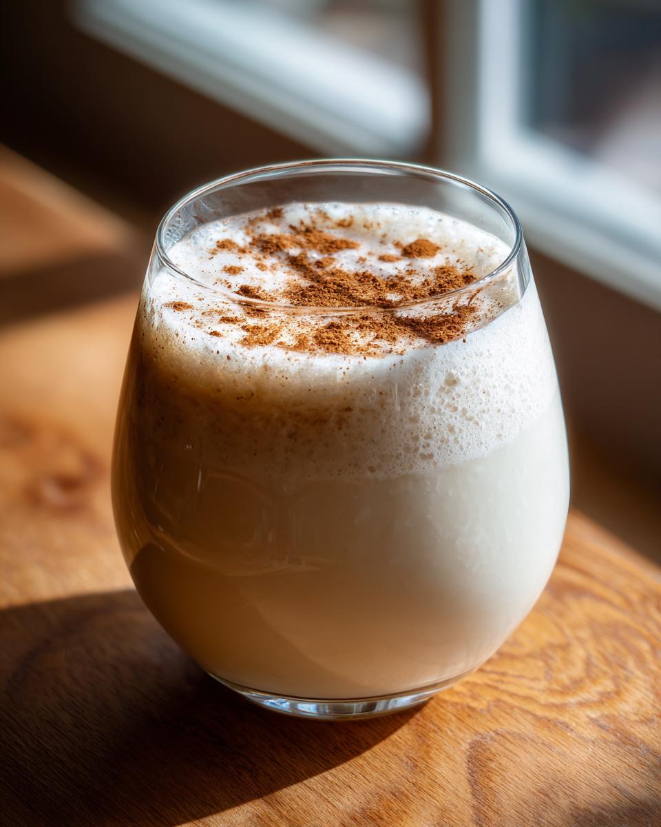 A glass filled with creamy, frothy coquito beverage, dusted generously with ground cinnamon on top.