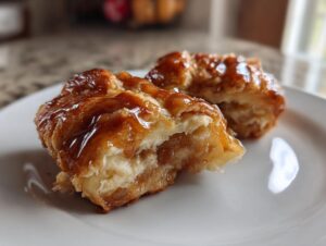 Close-up of a gooey, glazed apple dumpling cut in half, showing the soft pastry and cinnamon apple filling.