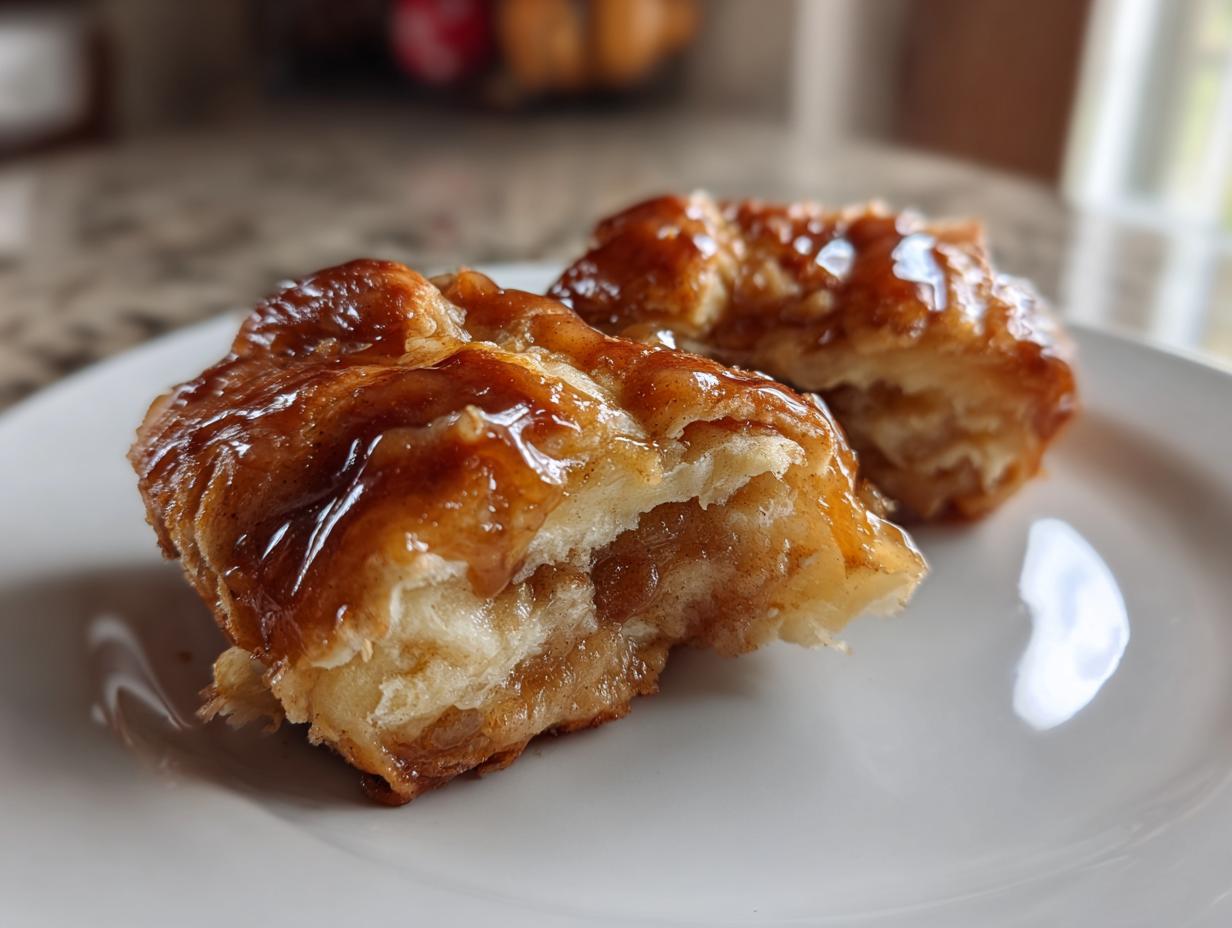 Close-up of a gooey, glazed apple dumpling cut in half, showing the soft pastry and cinnamon apple filling.
