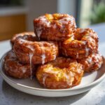 A stack of golden brown, freshly glazed baked apple fritters piled high on a light gray plate.