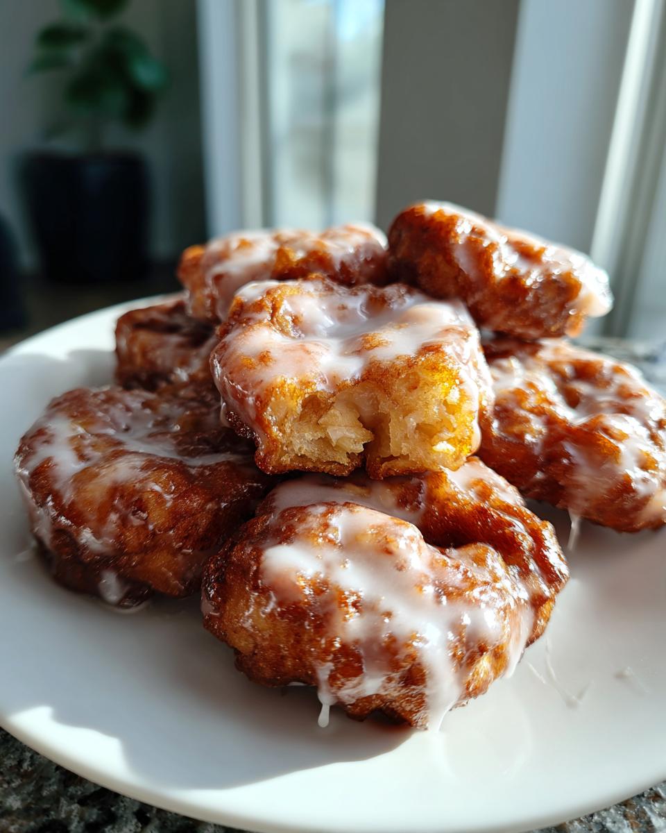 A stack of golden brown baked apple fritters generously drizzled with white glaze, one is broken open to show the texture.