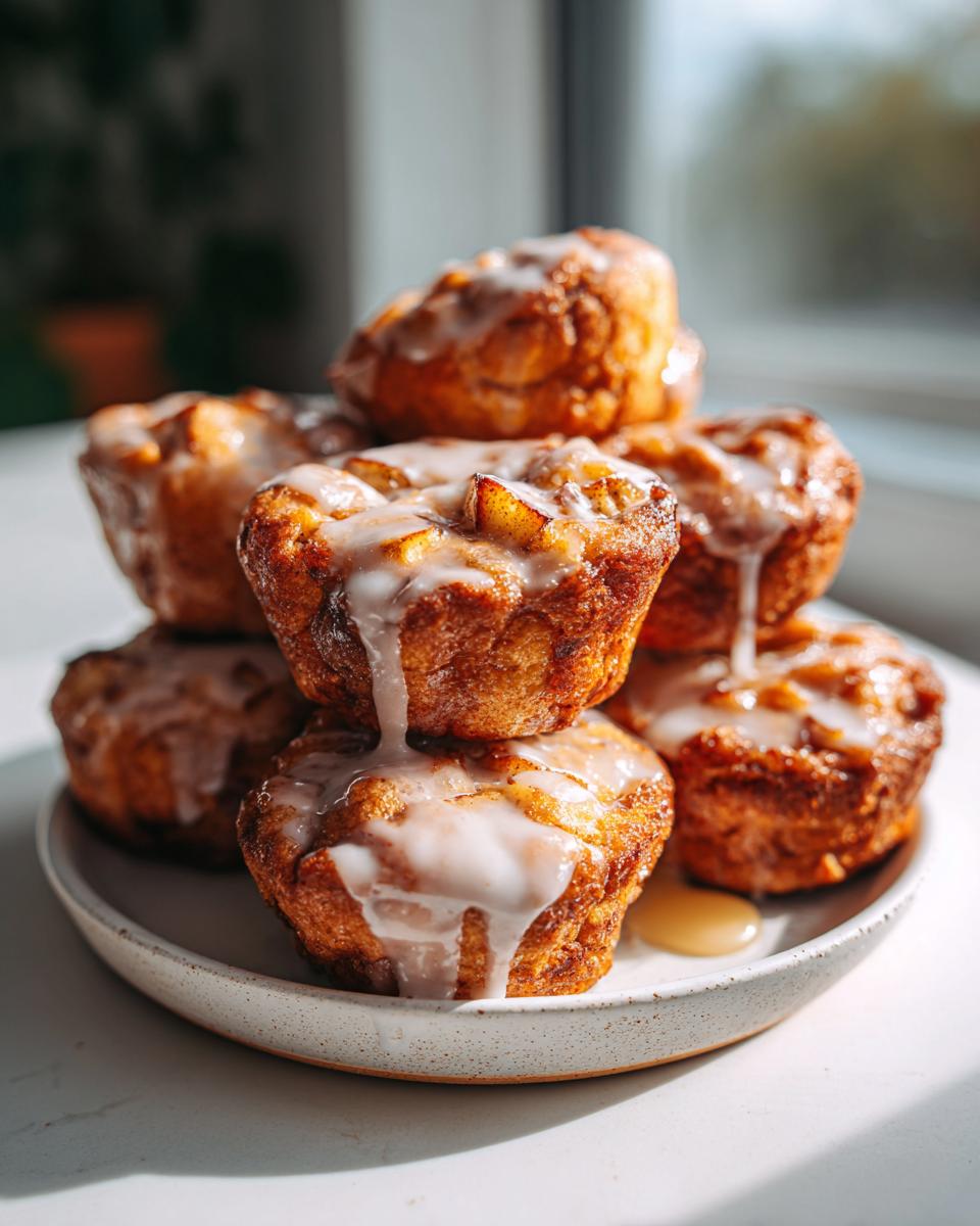 A stack of golden brown baked apple fritters generously drizzled with white glaze, sitting on a small plate.