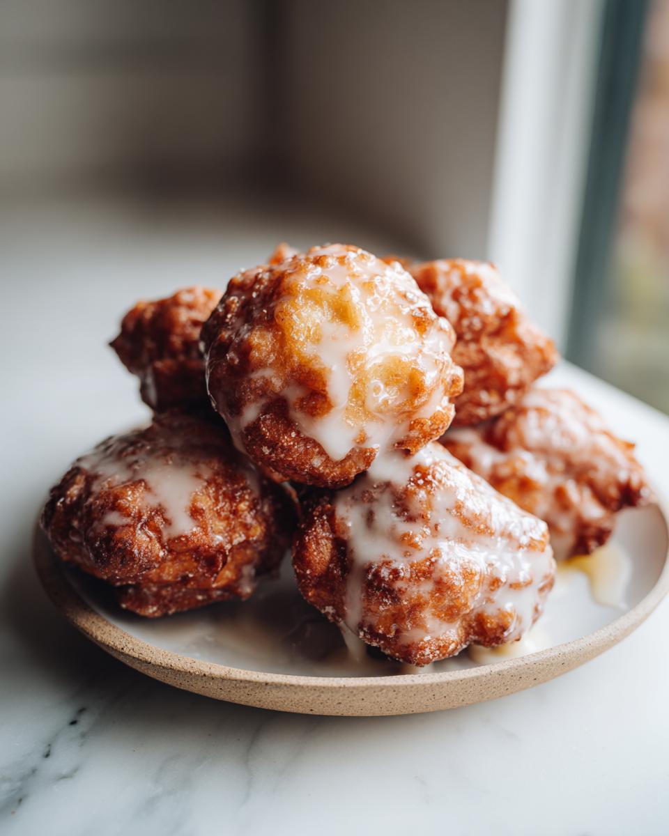A stack of golden brown, glazed baked apple fritters piled on a small ceramic plate.