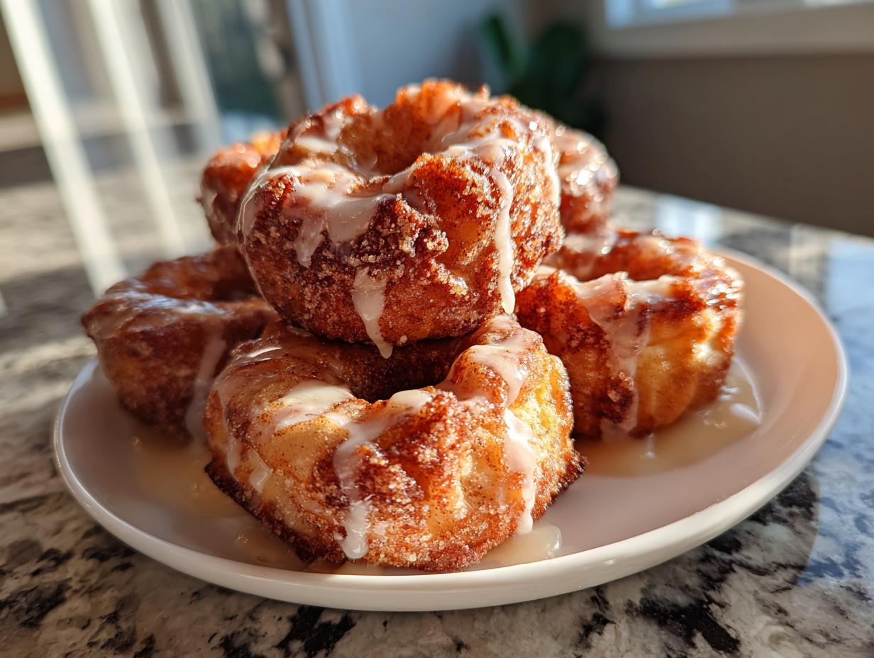 A stack of golden brown baked apple fritters drizzled with white vanilla glaze, sitting on a white plate.