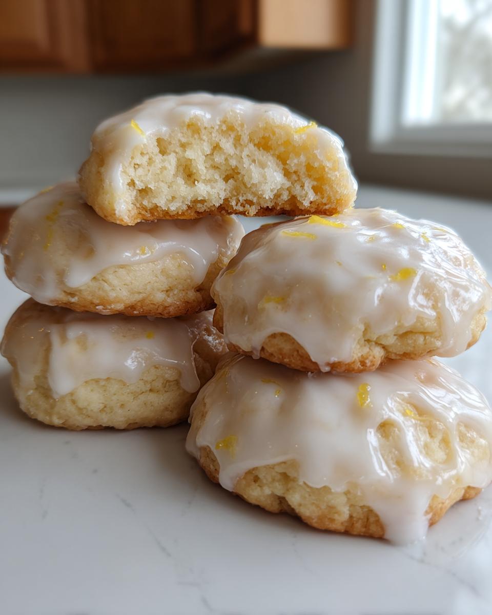 A stack of soft, glazed italian ricotta cookies, one broken open showing the fluffy interior and lemon zest.