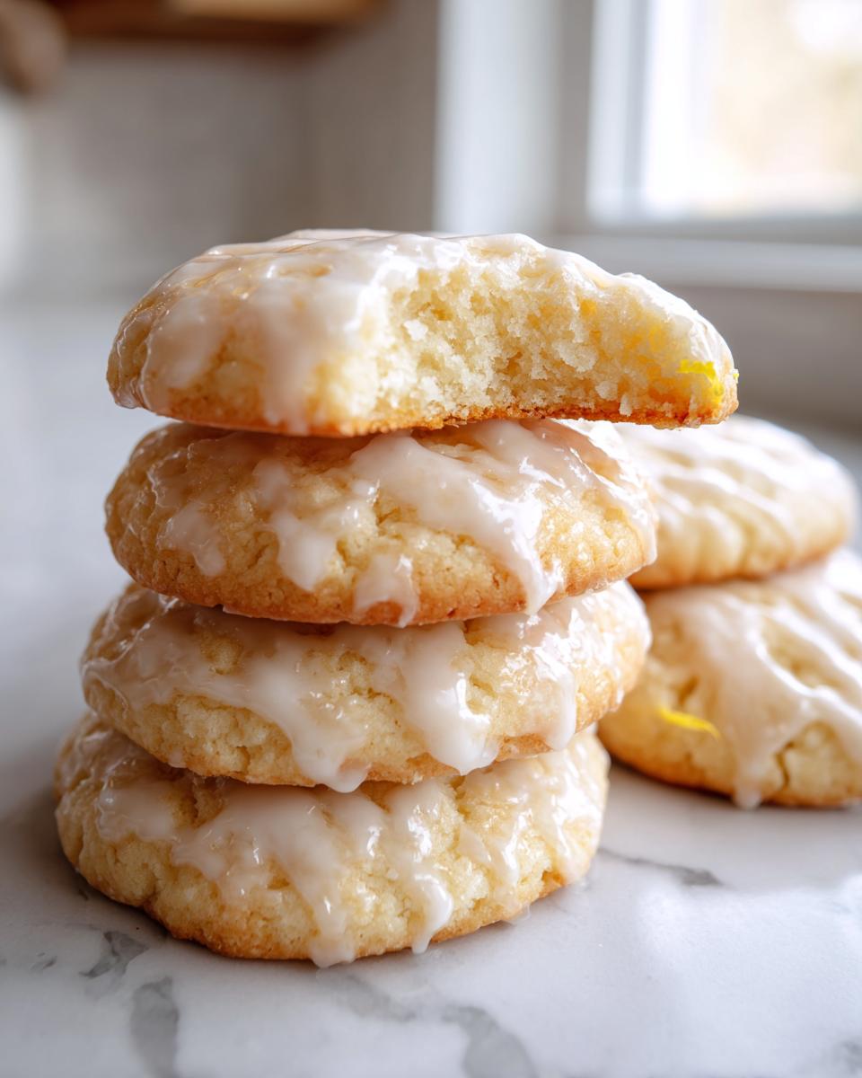 A stack of four soft, glazed italian ricotta cookies, with the top one having a bite taken out revealing the fluffy interior.