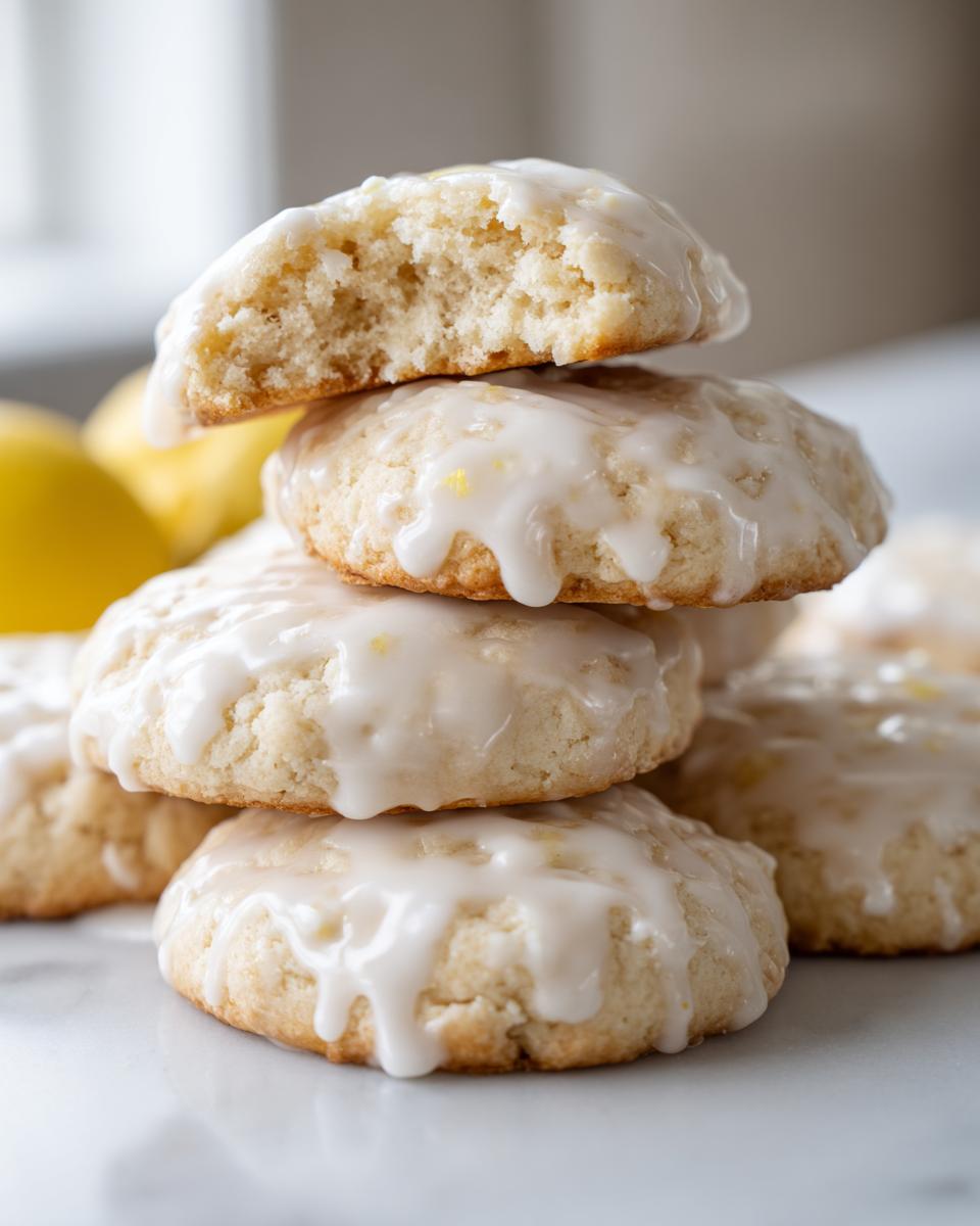 A close-up stack of soft, glazed italian ricotta cookies, with one cookie broken open showing the texture.
