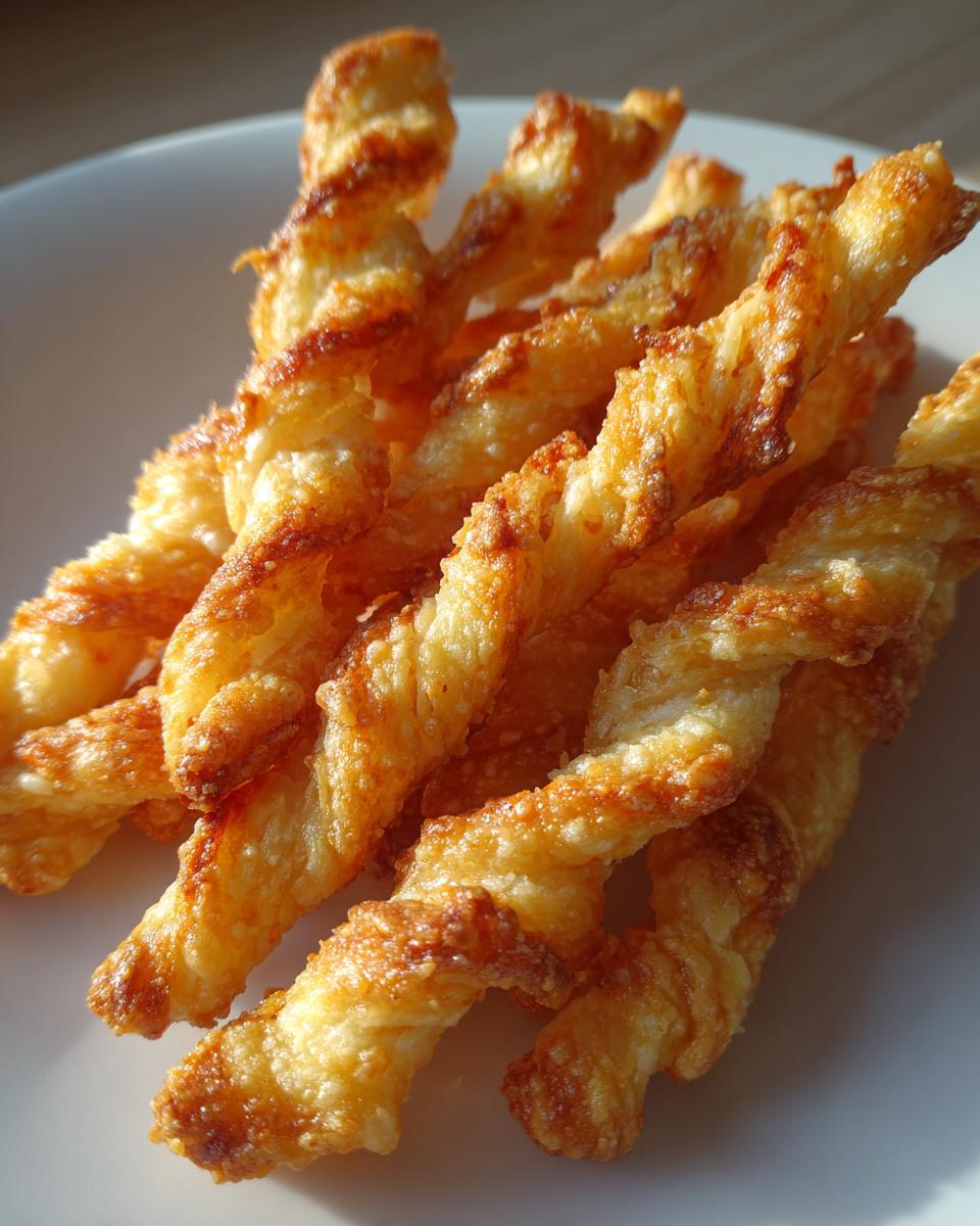 Close-up of several crispy, golden-brown, twisted cheese straws piled on a white plate.