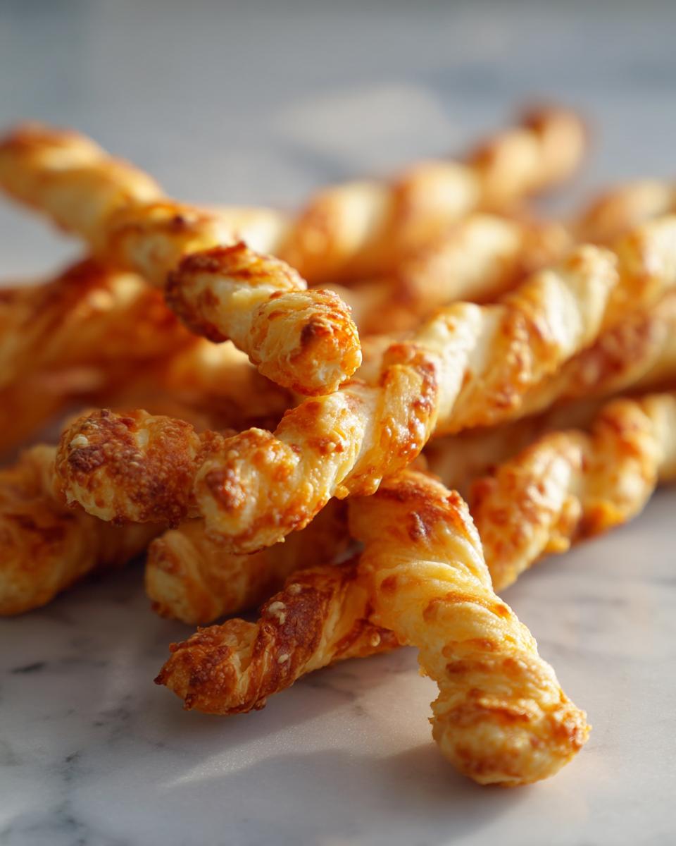 Close-up of several golden brown, twisted cheese straws piled together on a light marble surface.