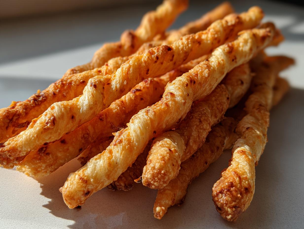 A close-up of a stack of golden brown, flaky, twisted cheese straws catching the sunlight.