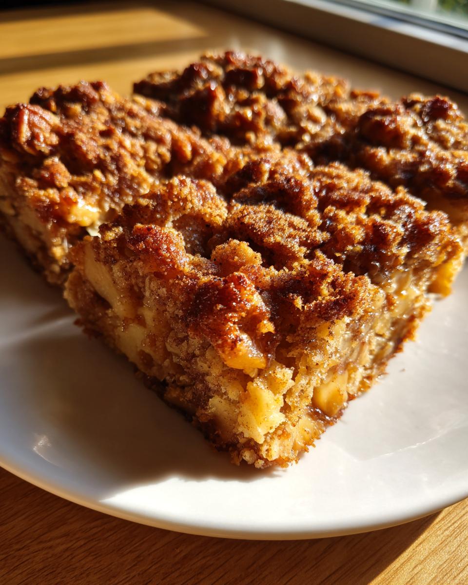 Close-up of a square slice of baked oatmeal with a thick, crunchy cinnamon crumble topping, served on a white plate.