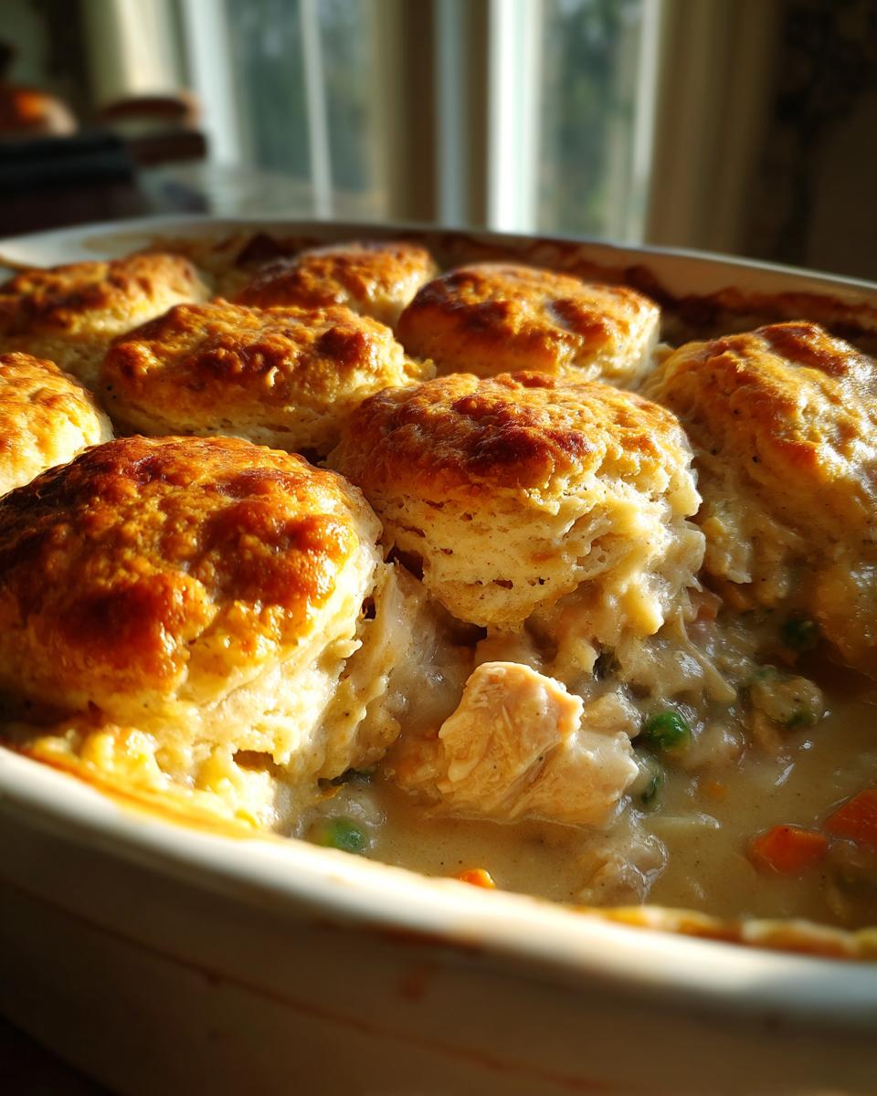 Close-up of a creamy chicken pot dish topped with golden, fluffy biscuits, showing chunks of chicken and vegetables.