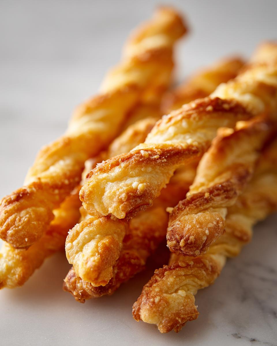 Close-up of several flaky, golden brown cheese straws stacked together on a light surface.