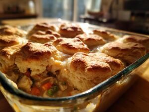 Close-up of a glass baking dish filled with creamy chicken pot filling topped with golden, fluffy biscuits.
