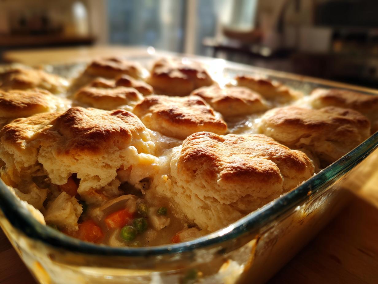 Close-up of a glass baking dish filled with creamy chicken pot filling topped with golden, fluffy biscuits.