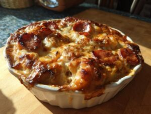 A golden-brown, bubbly pierogi casserole topped with melted cheese and pepperoni slices, baked in a white dish.