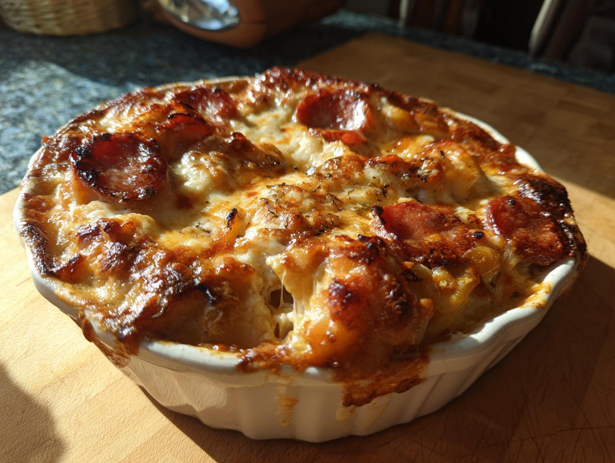 A golden-brown, bubbly pierogi casserole topped with melted cheese and pepperoni slices, baked in a white dish.