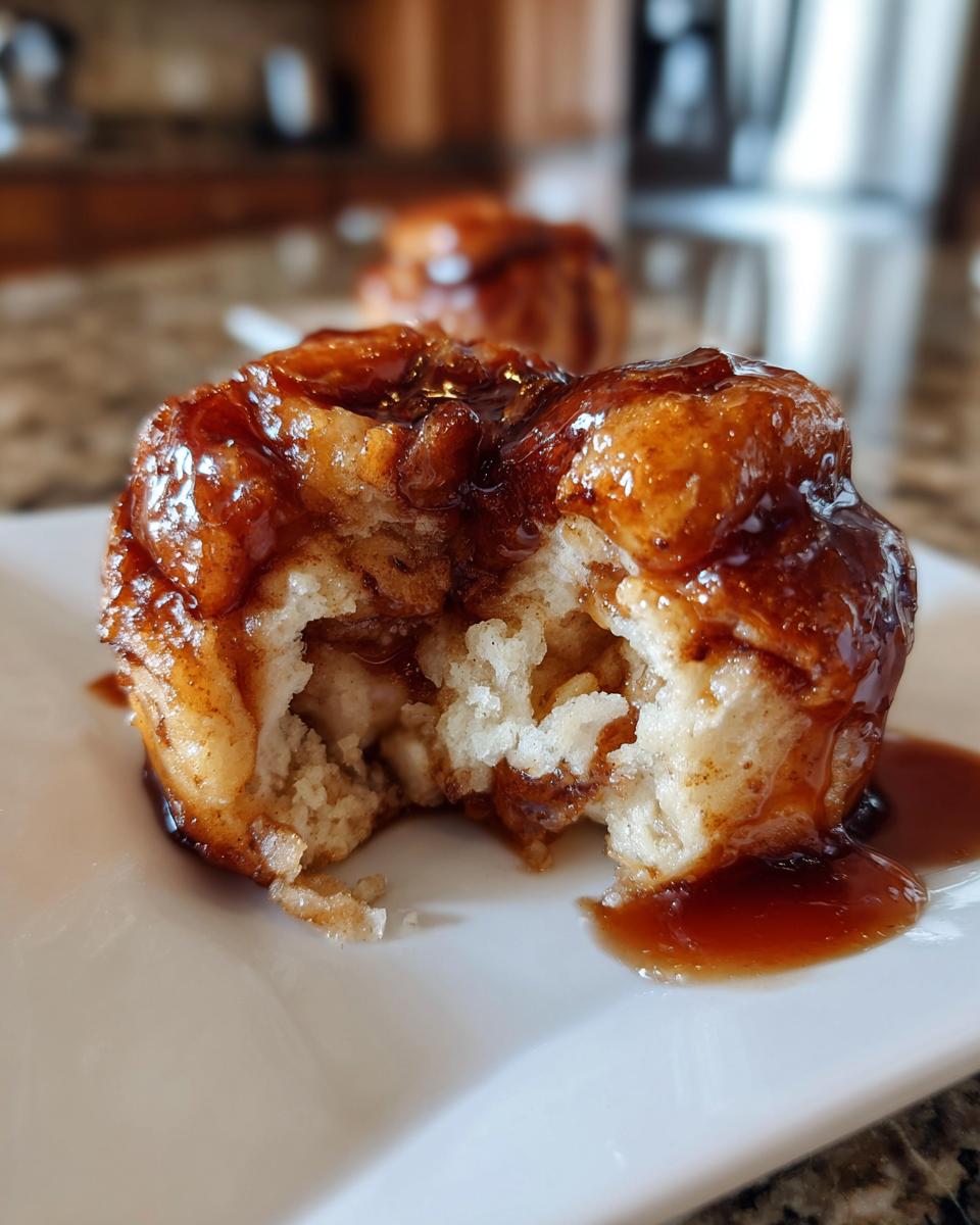Close-up of a gooey, caramelized apple dumpling with a bite taken out, revealing soft interior and rich sauce.