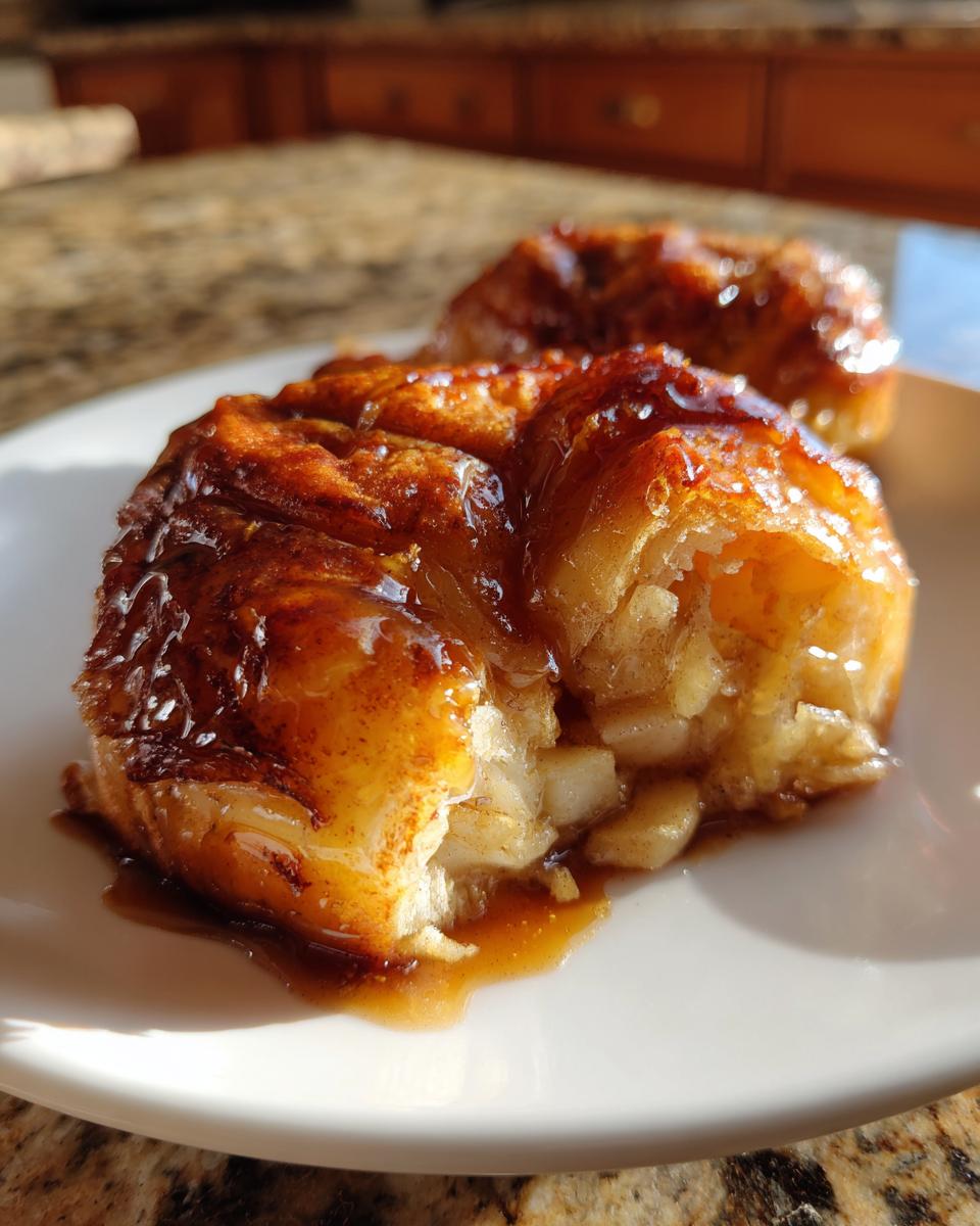 Close-up of a gooey, caramelized apple dumpling cut open to show diced apple filling, covered in brown sugar glaze.