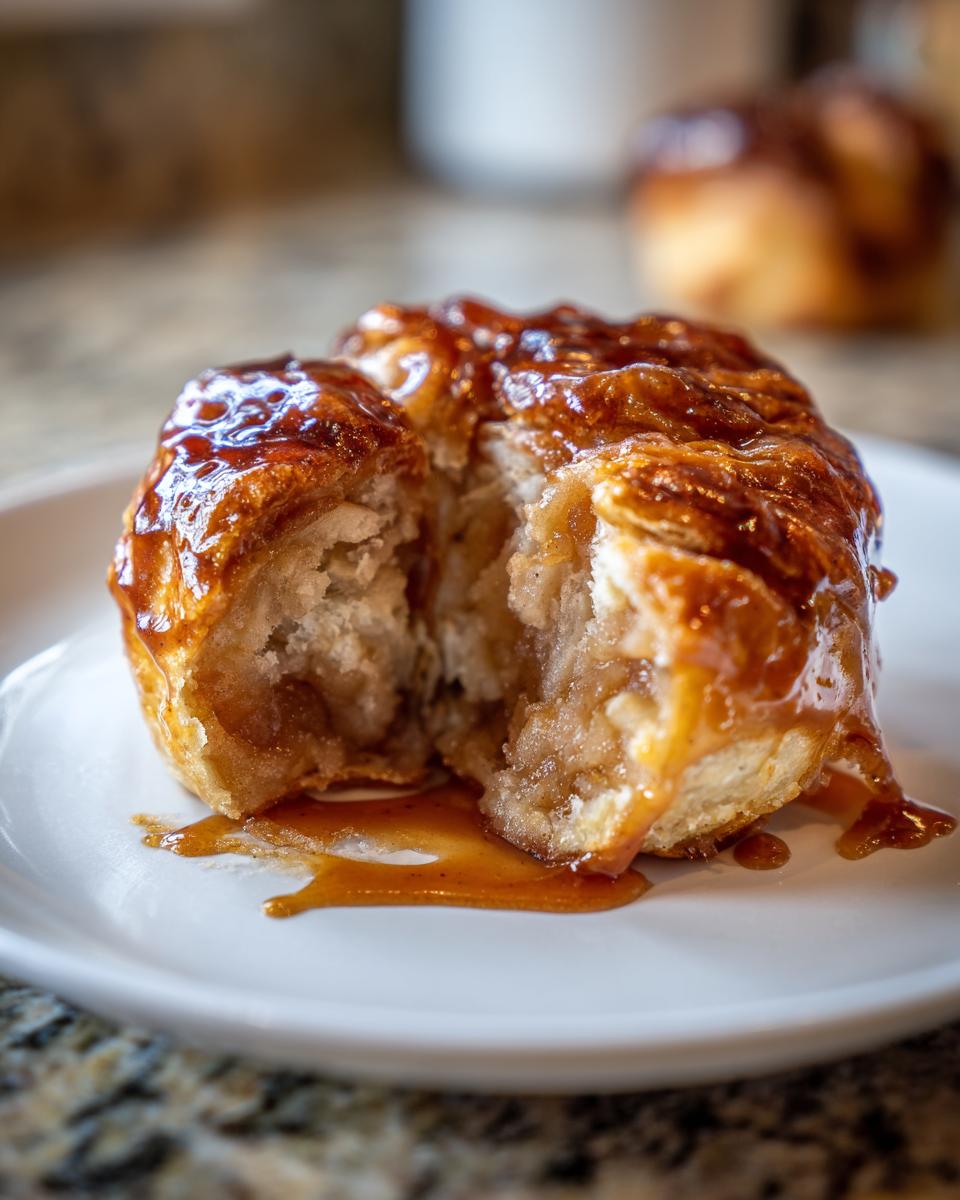 A close-up of a delicious apple dumpling cut in half, showing the soft interior and dripping caramel sauce.