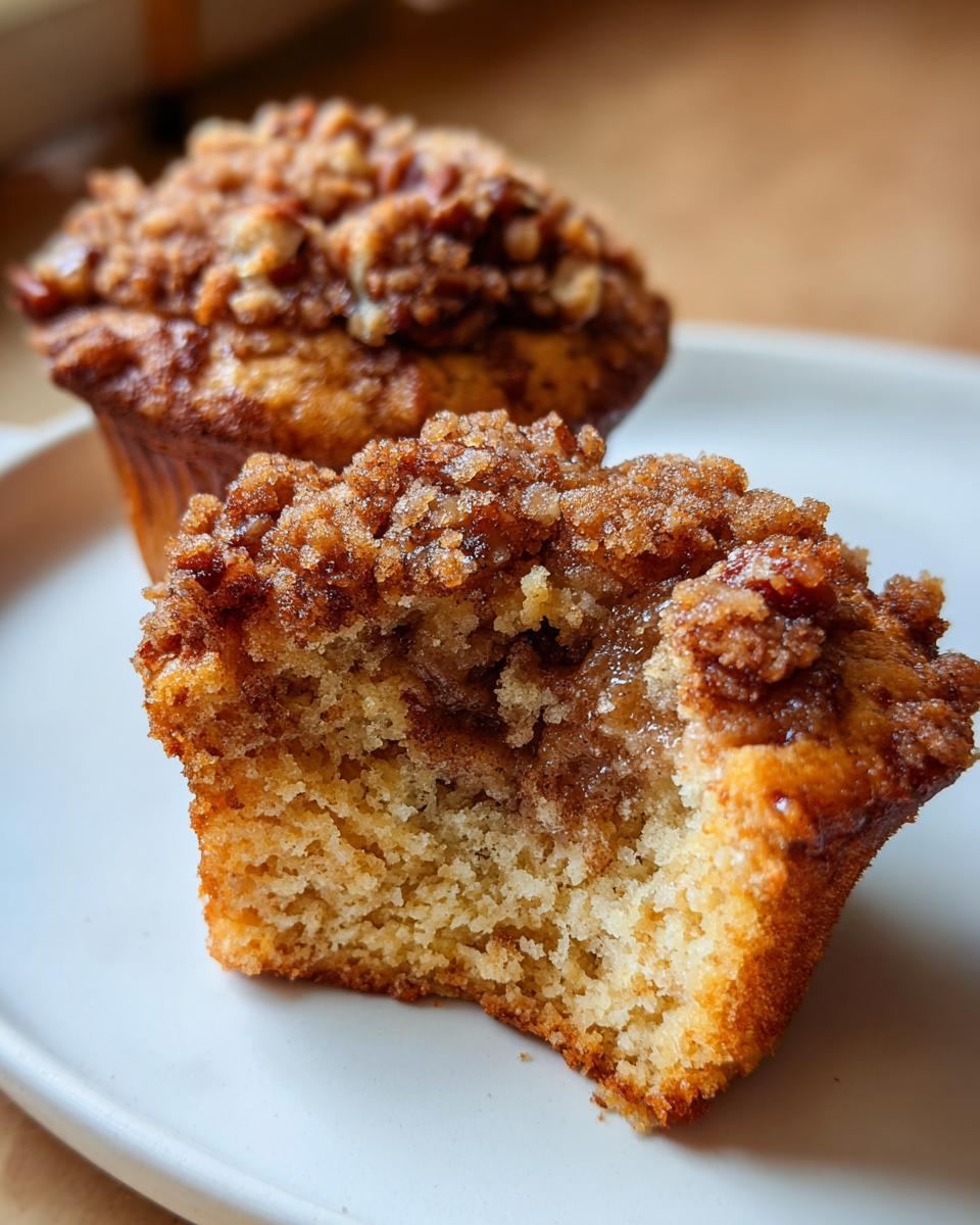 Close-up of a pecan pie muffin broken in half showing the gooey center and crunchy pecan crumb topping.