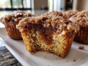 Close-up of a pecan pie muffins cut in half showing the gooey caramel filling and crumb topping.