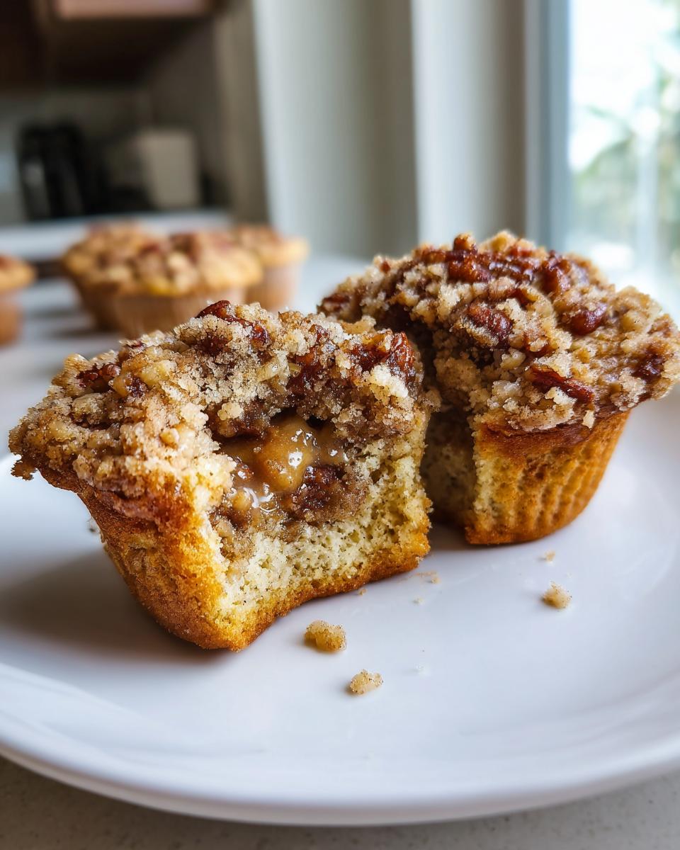 A pecan pie muffin cut in half showing the gooey caramel pecan filling inside, topped with streusel.