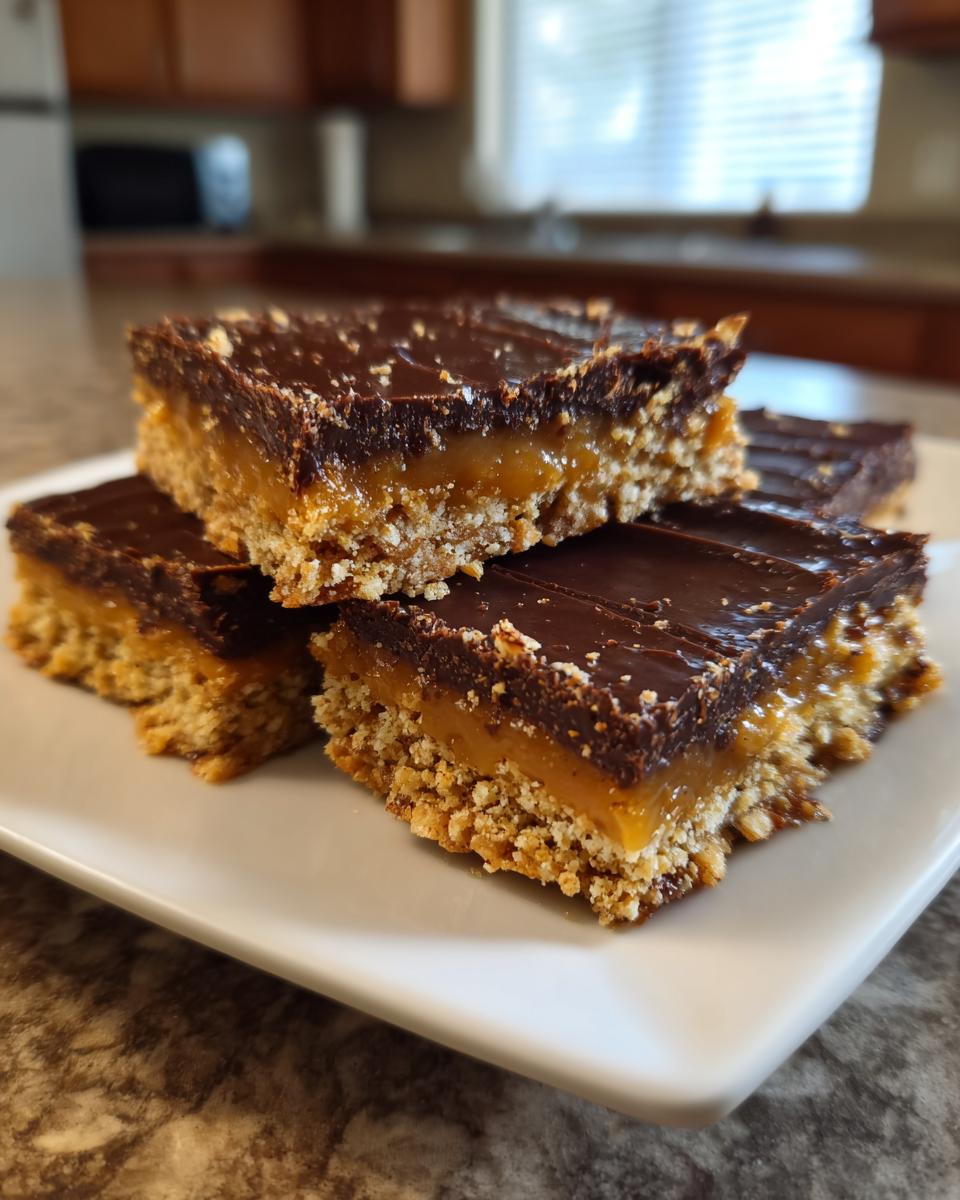 Four stacked squares of graham cracker toffee featuring a crunchy base, gooey caramel layer, and rich chocolate top.