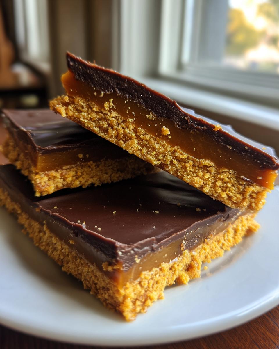 Three stacked bars of graham cracker toffee showing a thick graham crust, gooey caramel layer, and dark chocolate topping.