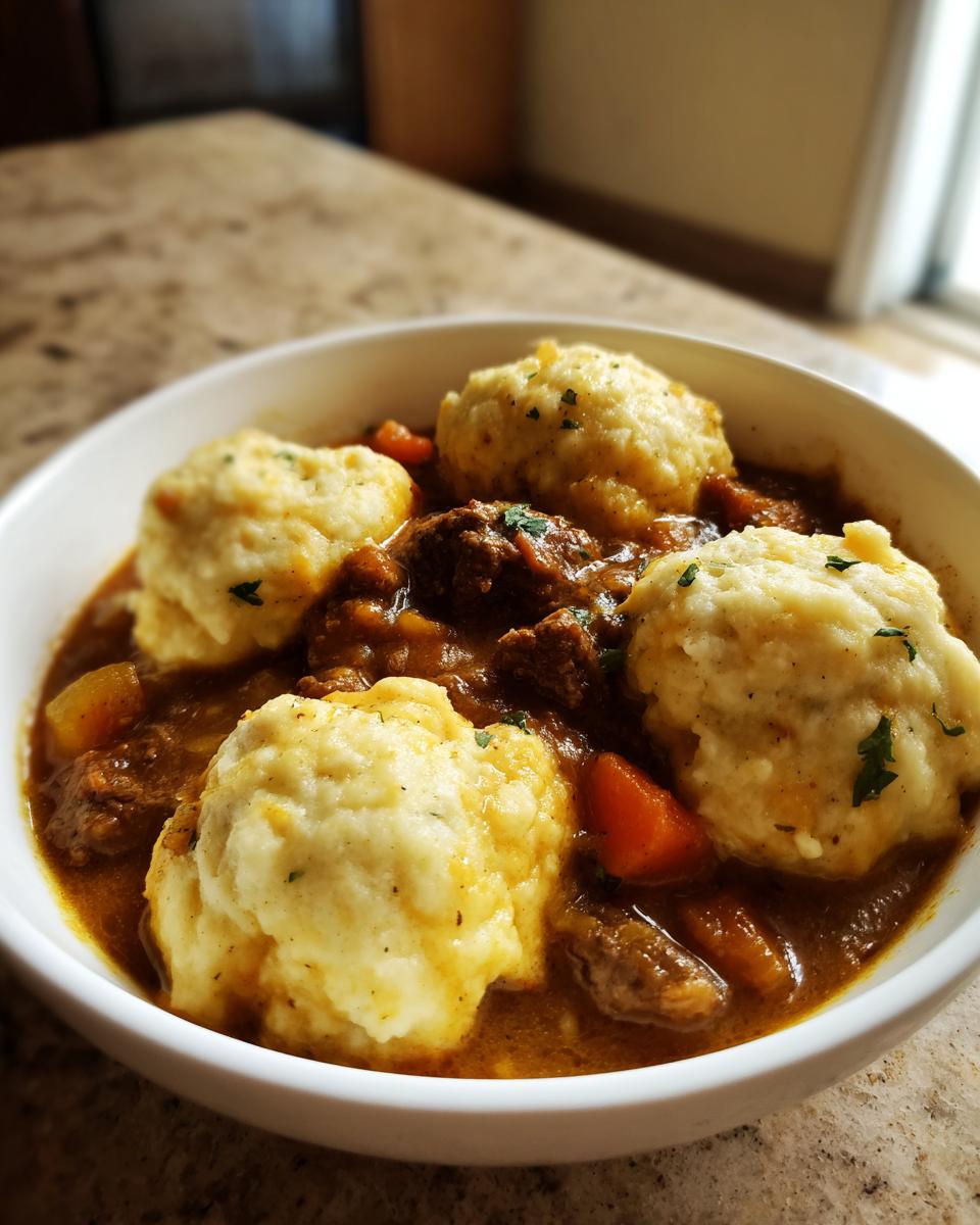 A close-up of a white bowl filled with rich stew featuring ground beef and dumplings, garnished with parsley.