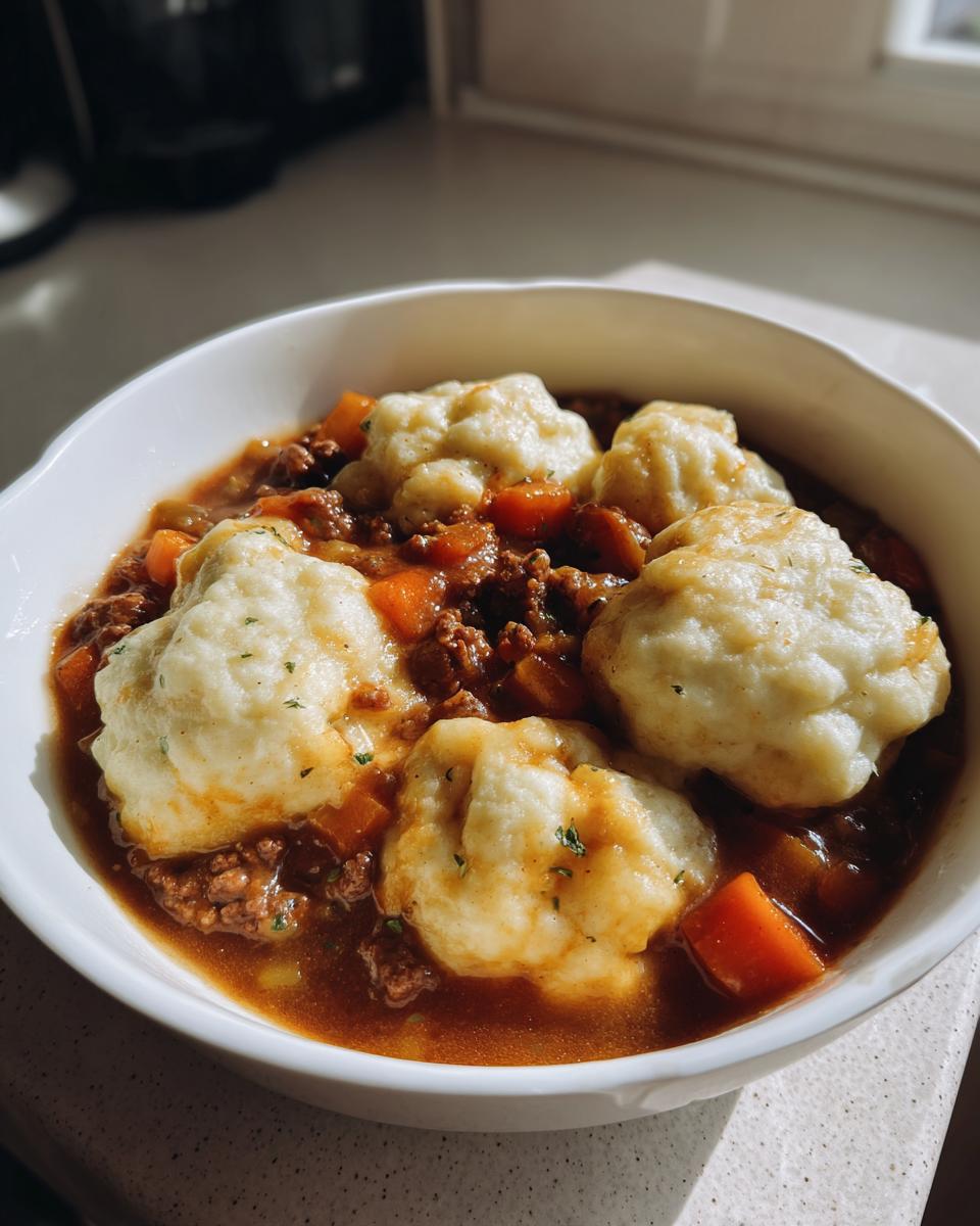 A close-up of a white bowl filled with rich ground beef and dumplings stew, featuring carrots and savory gravy.