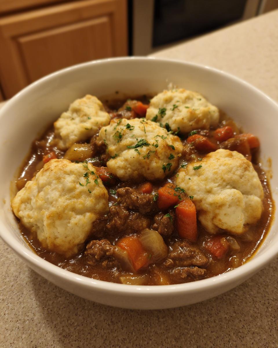 Close-up of a bowl filled with rich ground beef and dumplings stew, topped with parsley.