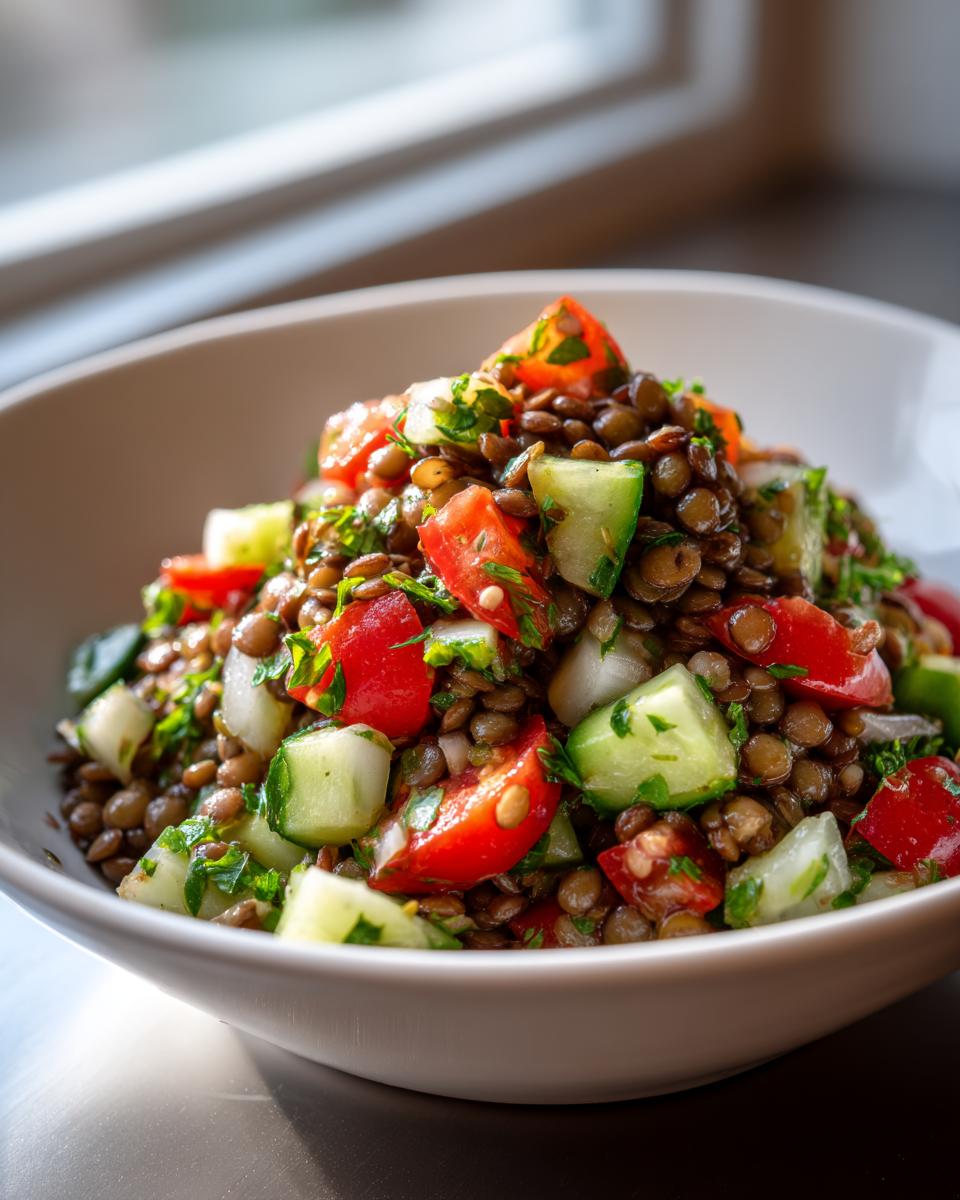 Close-up of a vibrant lentil salad featuring brown lentils, chopped tomatoes, and cucumber pieces in a white bowl.