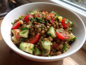 Close-up of a healthy lentil salad featuring brown lentils, chopped cucumber, and bright red cherry tomatoes in a white bowl.