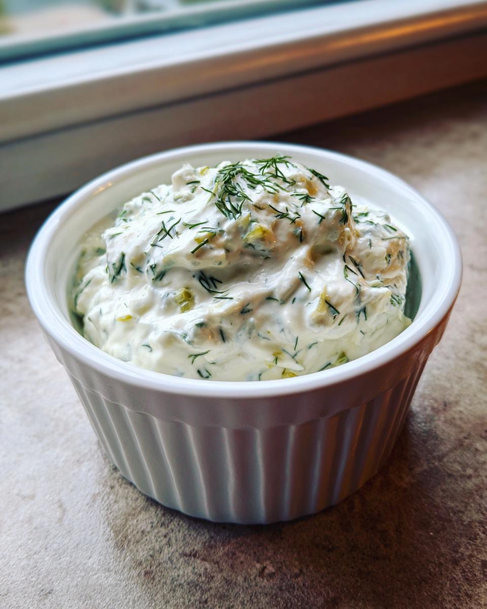 Close-up of creamy homemade tartar sauce, flecked with green relish and fresh dill, served in a white fluted bowl.