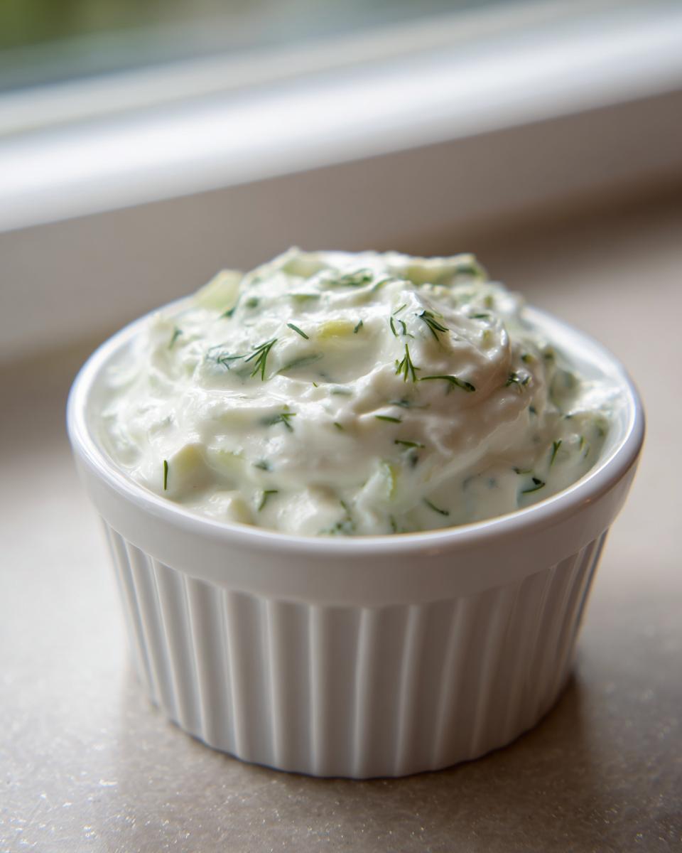 Close-up of creamy homemade tartar sauce topped with fresh dill, served in a small white fluted ramekin.
